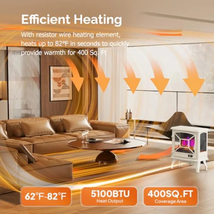 Portable 1400W Electric Fireplace Stove Space Heater 23''H White Freestanding with 68F-95F Temp Control 3D Realistic Flame Effe