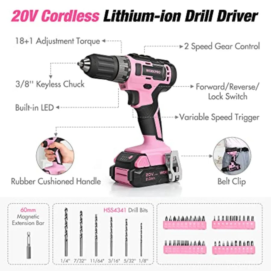 Pink Tool Kit with Drill Tool Set with 20V Cordless Lithium-ion Drill Driver Pink Drill Set for Women 157PCS Home Tool