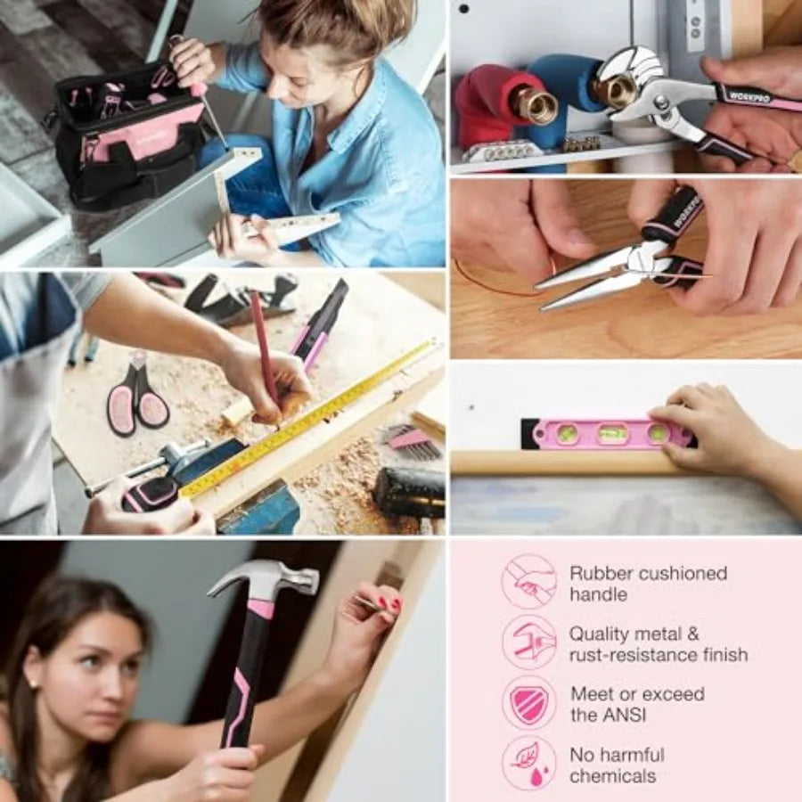 Pink Tool Kit with Drill Tool Set with 20V Cordless Lithium-ion Drill Driver Pink Drill Set for Women 157PCS Home Tool
