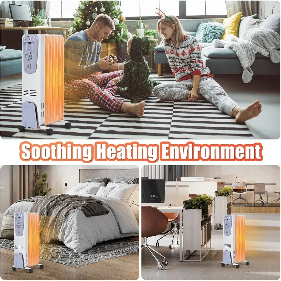 1500W Oil Filled Radiator Heater Electric Space Heater with Adjustable Thermostat for Indoor Room and Office Use Offers 3 Heat