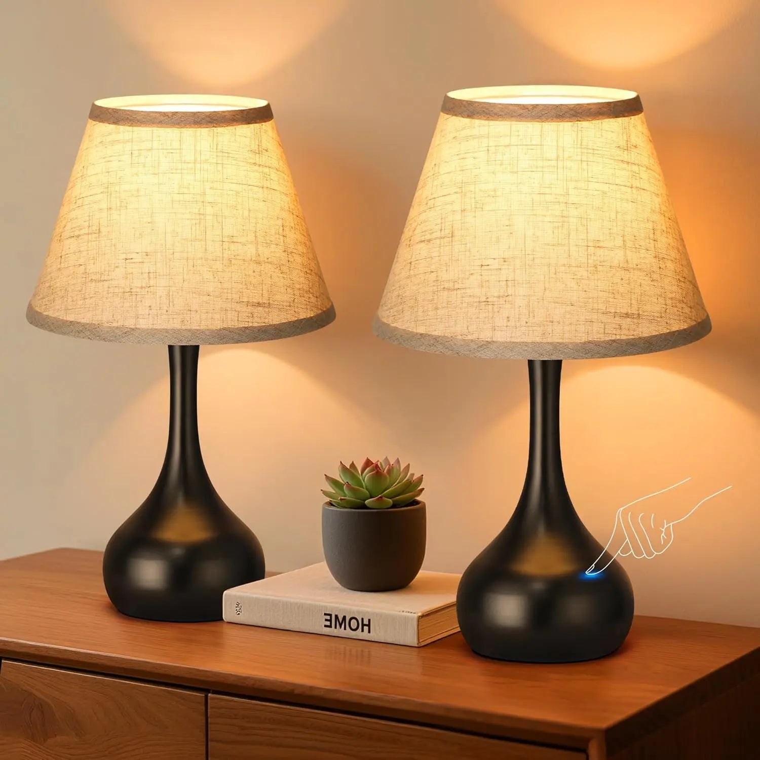 Set of 2 Touch Dimmable Table Lamps with Linen Shade, Farmhouse Style for Bedroom Nightstand Living Room Decor