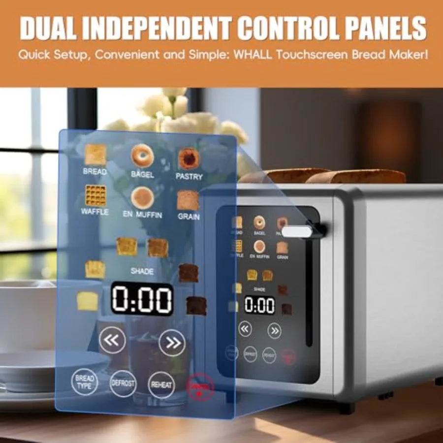 Touch screen 2-slice stainless steel digital timer toaster with sound function 6 bread types 6 shade settings smart extra wide