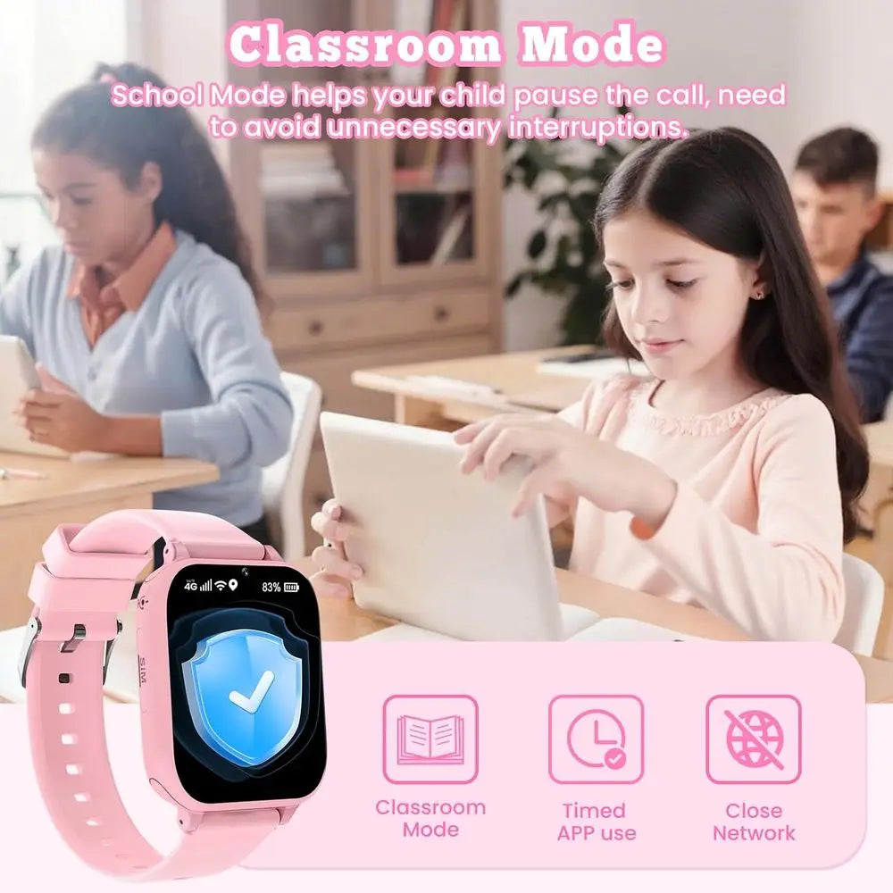 4G Kids Smart Watch GPS Tracker, Smartwatch for Kid with SIM Card, Calling, Voice Chat, Class Mode, SOS, Pedometer, Alarm, Games