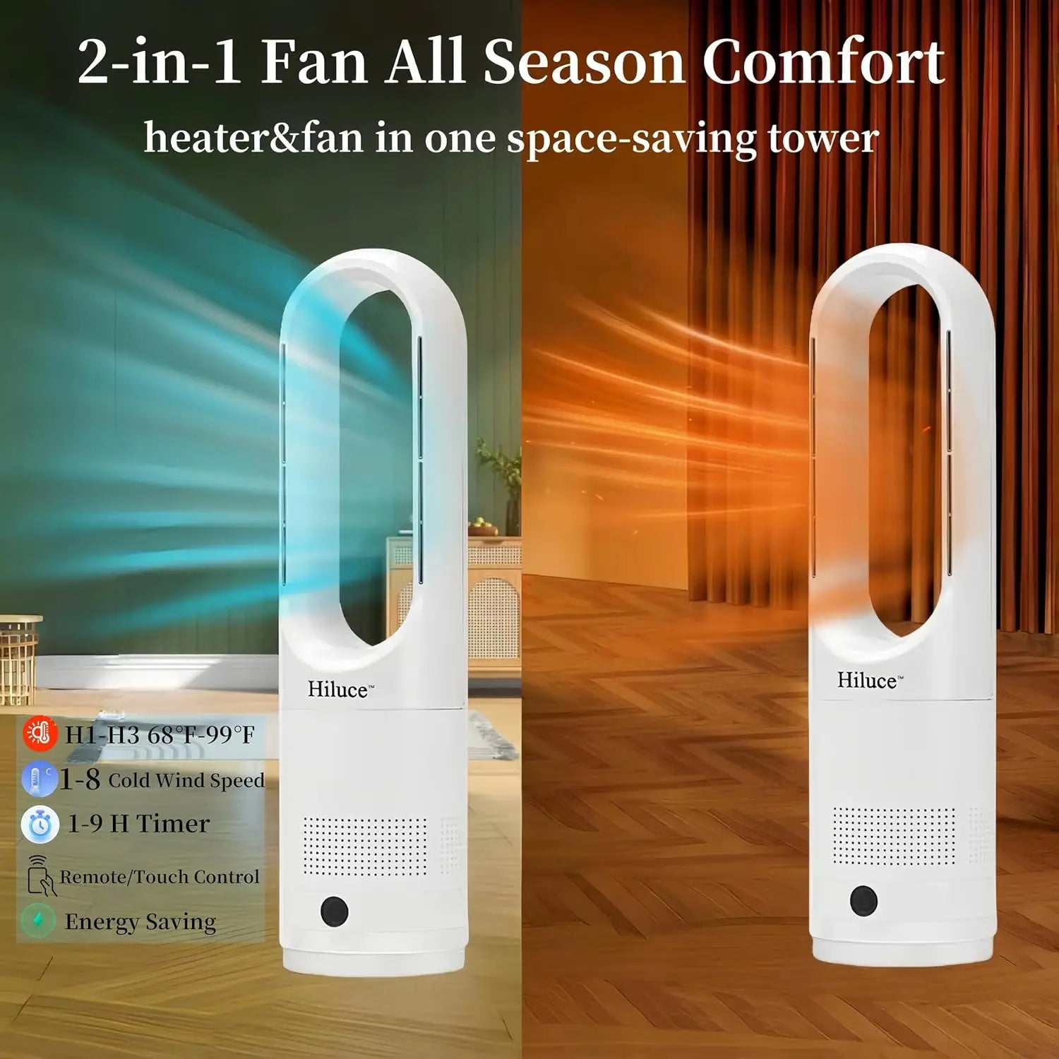 All Season Bladeless Fan, 1400W Heater & 40W Tower Fan Combo with Remote, Quiet Indoor Use, Tip-Over Protection, 80° Oscillation
