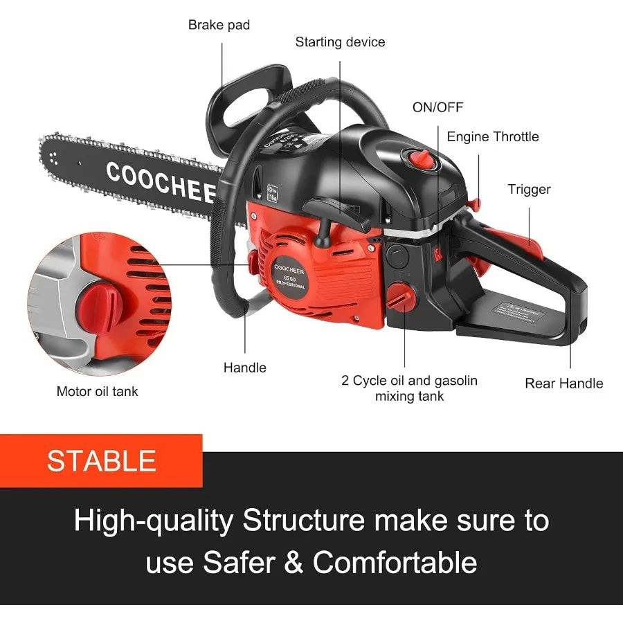 62CC Gas Chainsaw 20 Inch 2-Cycle Gas Powered Chain Saws 3.5 HP Power Chain Saw Cordless Gasoline Powered Chainsaw with 2 Chain
