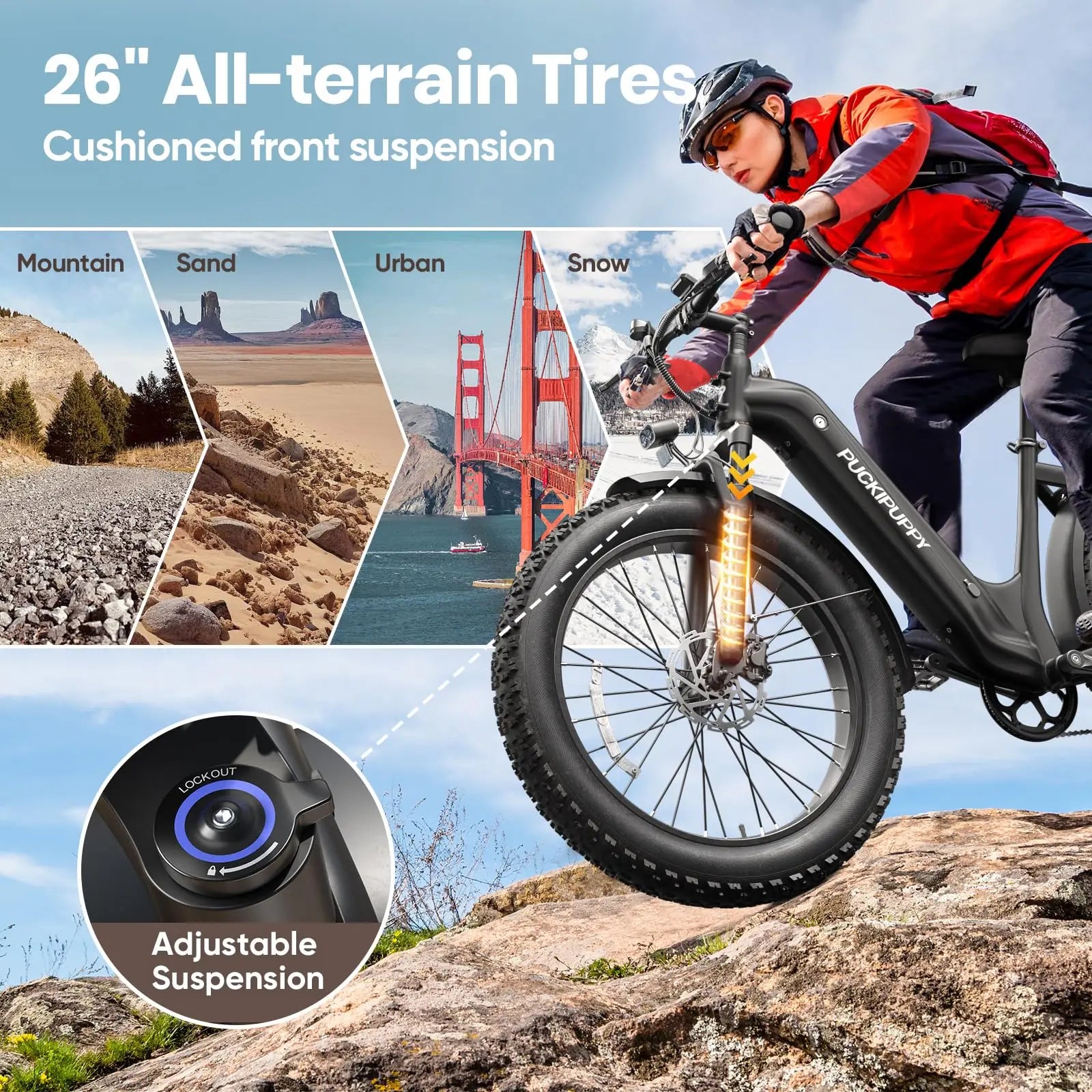 PUCKIPUPPY Electric Bike for Adults 26" Fat Tire, Step-Through Design Electric Mountain Hunting Bike Max 28MPH Off-Road Ebike