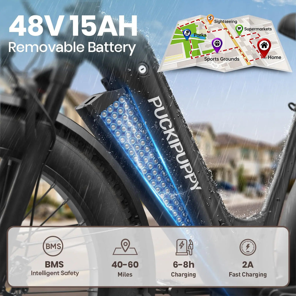 PUCKIPUPPY Electric Bike for Adults 26" Fat Tire, Step-Through Design Electric Mountain Hunting Bike Max 28MPH Off-Road Ebike