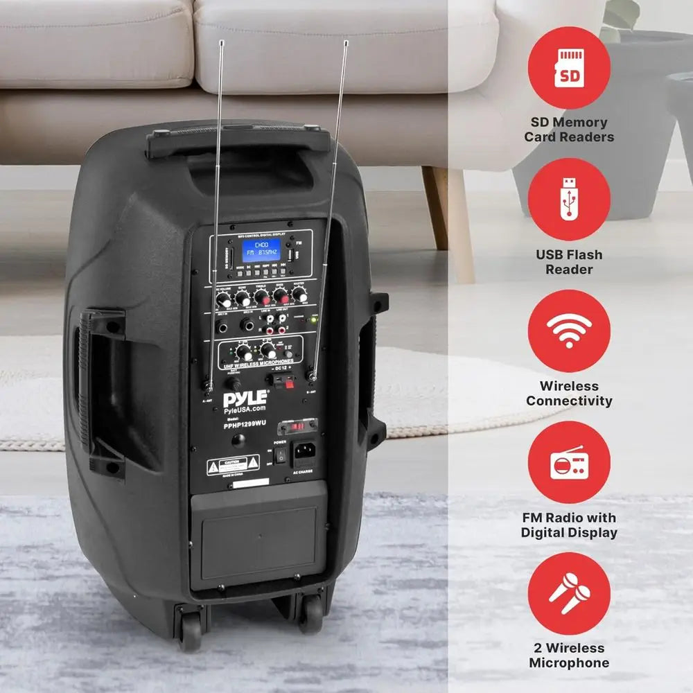 1000W Bluetooth PA Speaker System with 12 Subwoofer, USB/SD/MP3, Dual UHF Mics, Remote, Wheels - Perfect for Parties and Outdoor