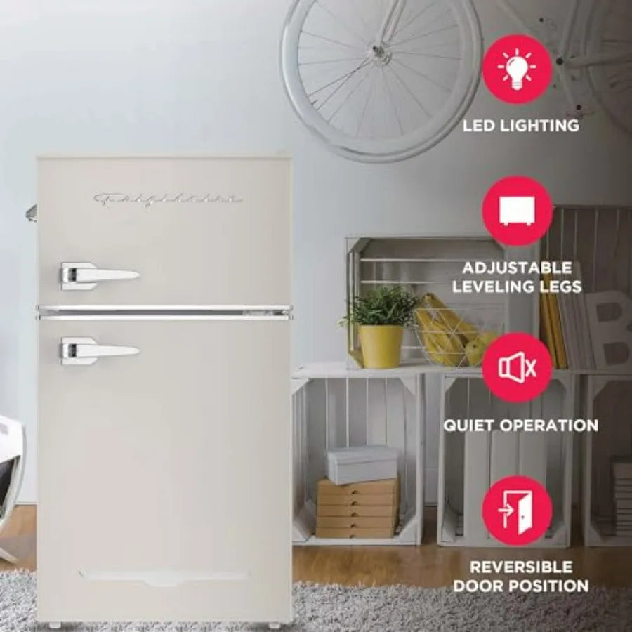 EFR840 Cream Retro Mini Fridge with Freezer and Side Bottle Opener for Office Bar or College Dorm Room - 3.1 Cu Ft Small 2 Door