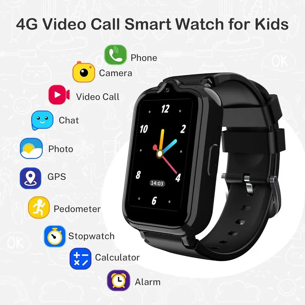 4G Smart Watch for Kids | Kids Watch with GPS Tracker Waterproof HD Touch Screen Video & Voice Chat Calling Alarm SOS Camera Cal