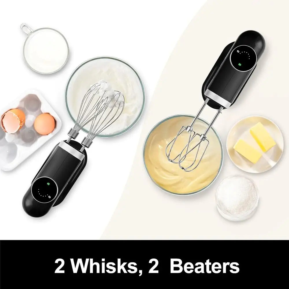 Rechargeable Hand Mixer, Portable Handheld Electric Mixer with Beaters, Whisks, 6-Speed Digital Display, Charging Base and USB-C