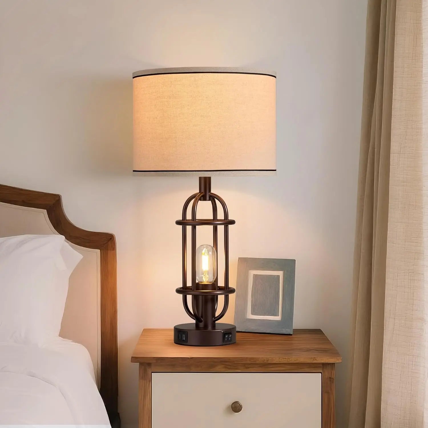 Set of 2 Farmhouse Table Lamps with USB Ports, Vintage Style for Living Room and Bedroom