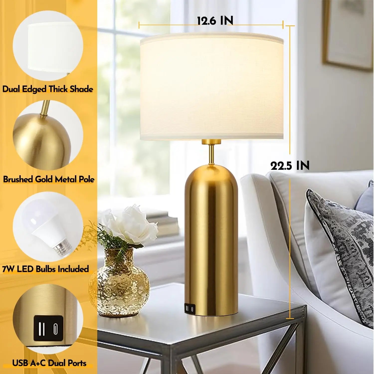 Touch Control Dimmable Table Lamps Set of 2 with USB-C Ports, Modern White & Gold for Bedroom Living Room