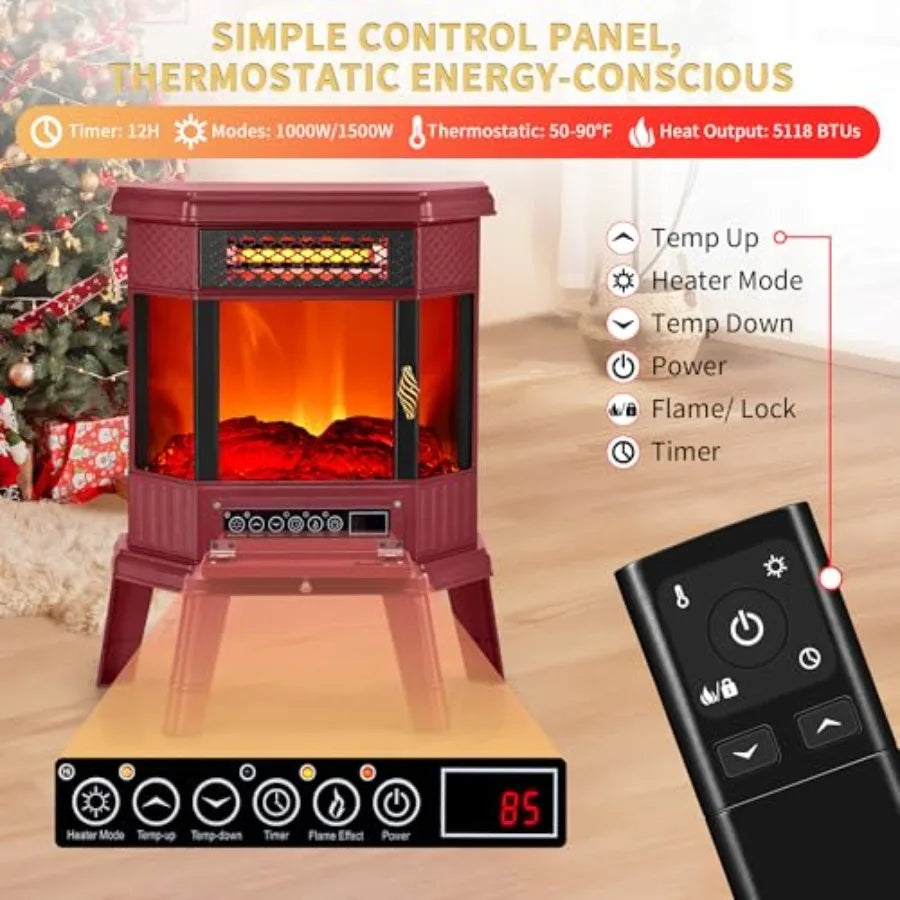 Electric Fireplace Heater 22 in Freestanding Fireplace Stove Infrared Fireplace with 3D Flame Effect Remote Control Timer Overh
