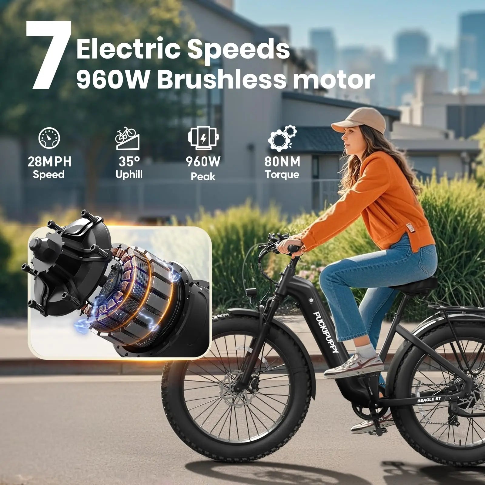 PUCKIPUPPY Electric Bike for Adults 26" Fat Tire, Step-Through Design Electric Mountain Hunting Bike Max 28MPH Off-Road Ebike