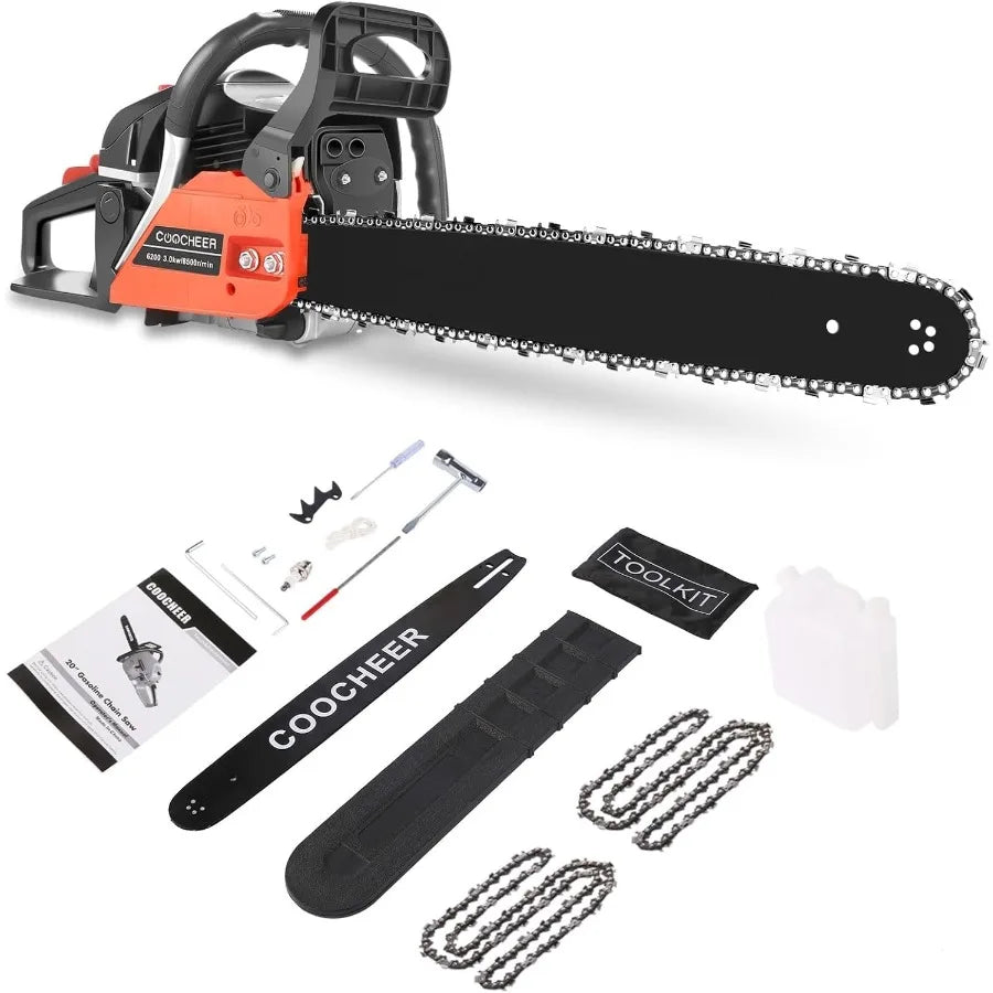 62CC Gas Chainsaw 20 Inch 2-Cycle Gas Powered Chain Saws 3.5 HP Power Chain Saw Cordless Gasoline Powered Chainsaw with 2 Chain