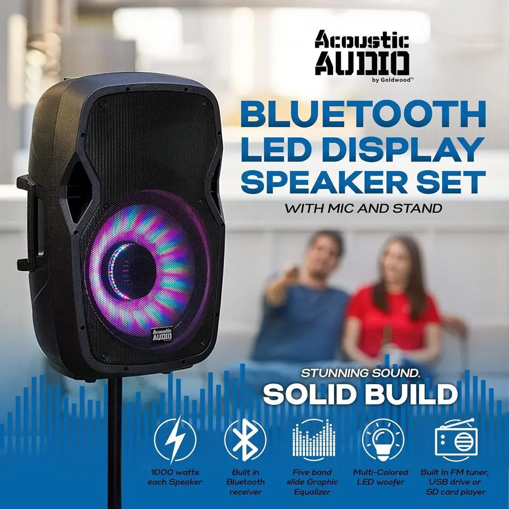 High-Power Bluetooth Speaker with LED Lights, Portable PA System with Stand, Microphone, and Remote for Karaoke, DJ, or Party Ev