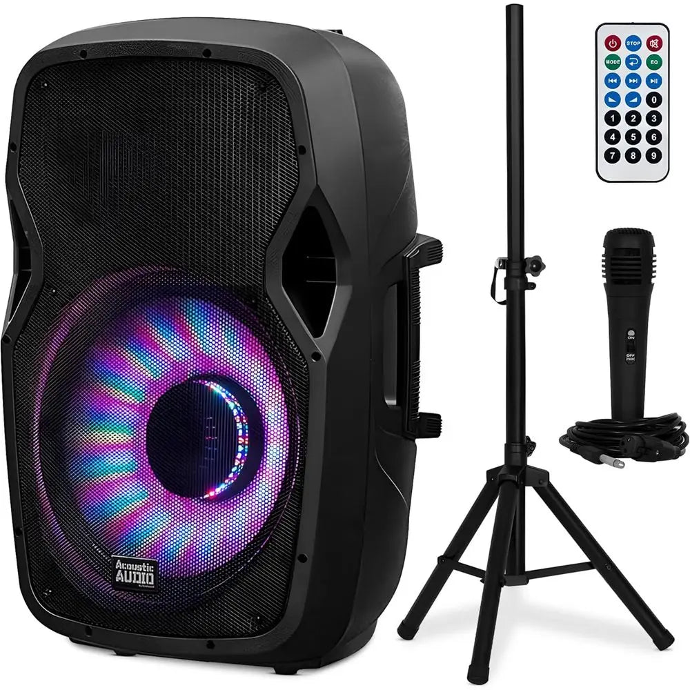 High-Power Bluetooth Speaker with LED Lights, Portable PA System with Stand, Microphone, and Remote for Karaoke, DJ, or Party Ev