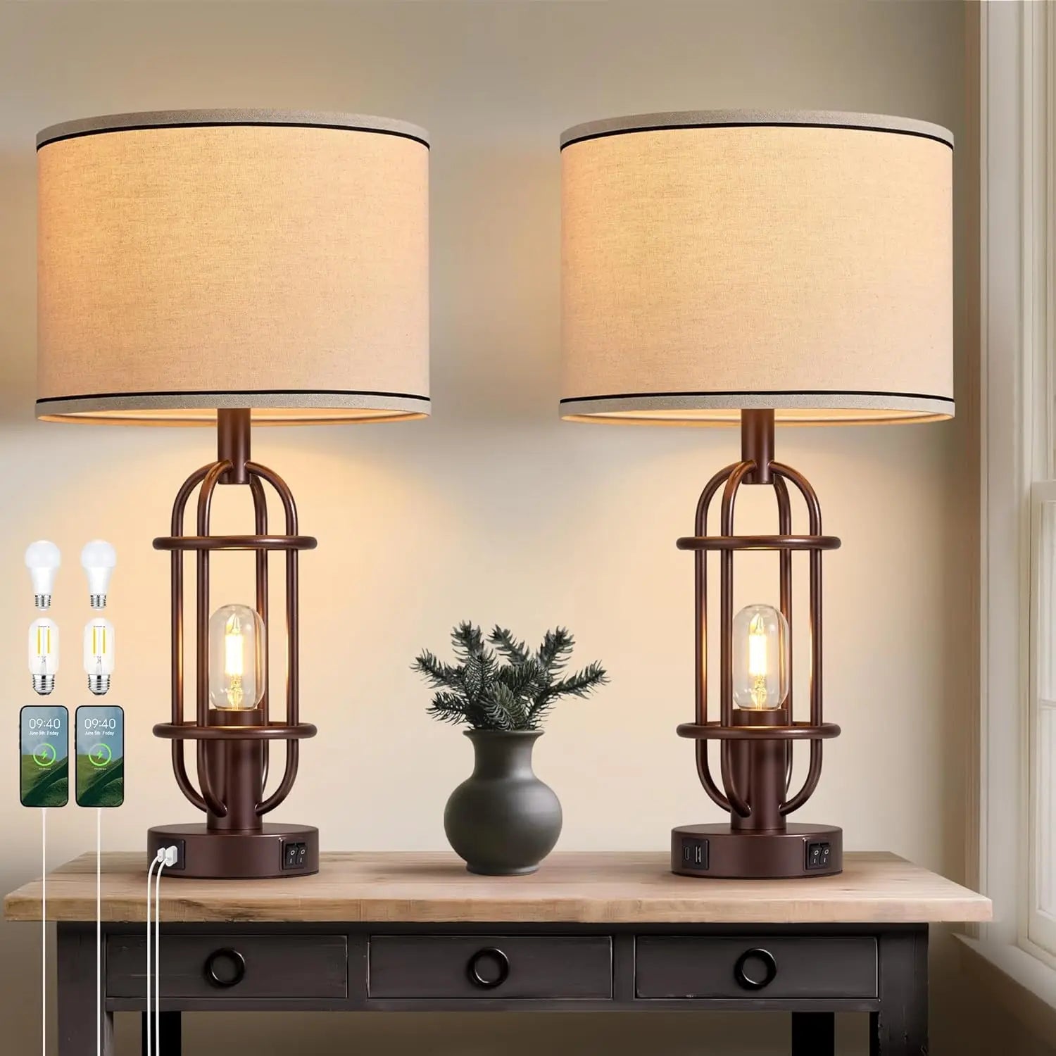 Set of 2 Farmhouse Table Lamps with USB Ports, Vintage Style for Living Room and Bedroom