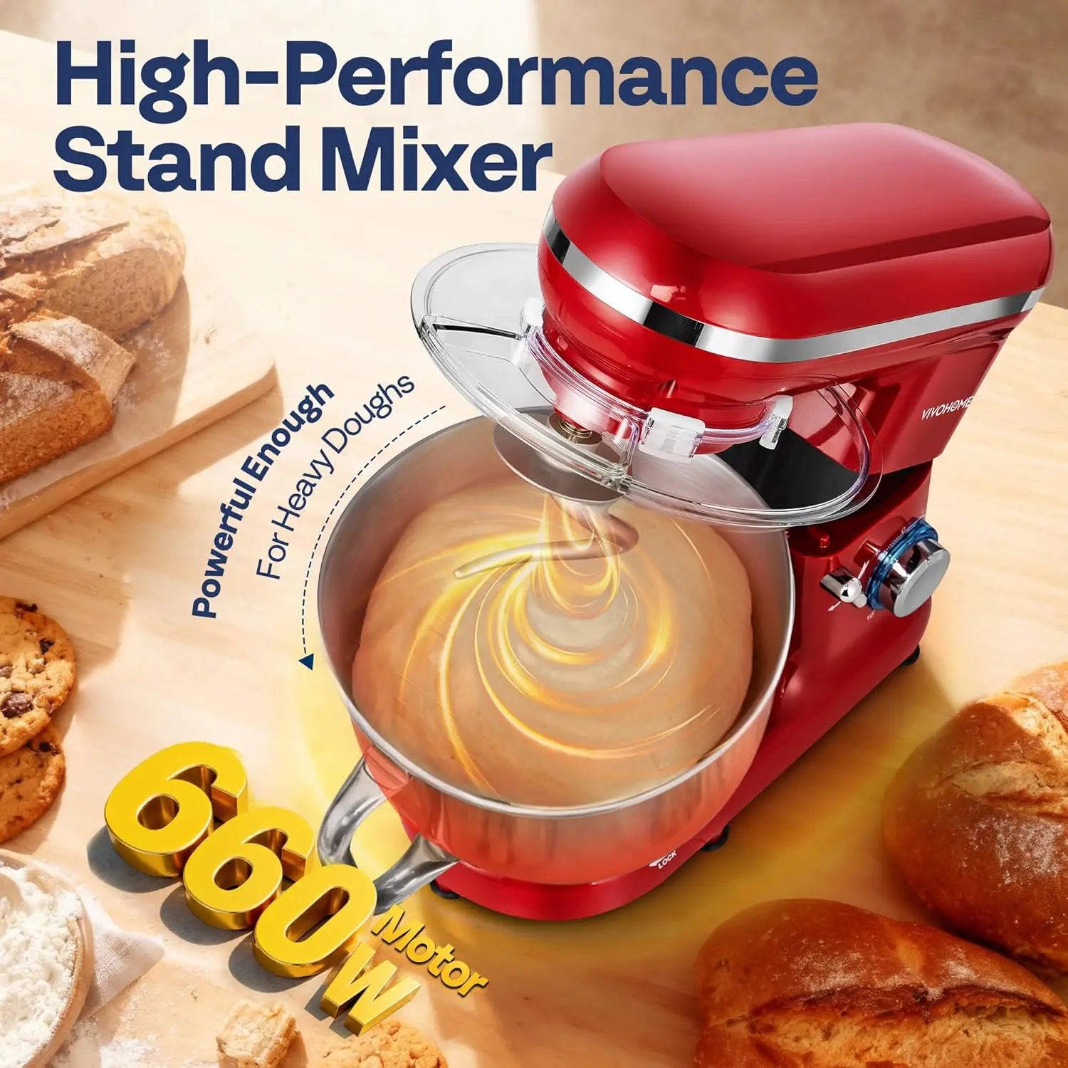 660W 10-Speed 6-Quart Tilt-Head Electric Food Mixer with Beater, Dough Hook, Wire Whip & Egg Separator, Red