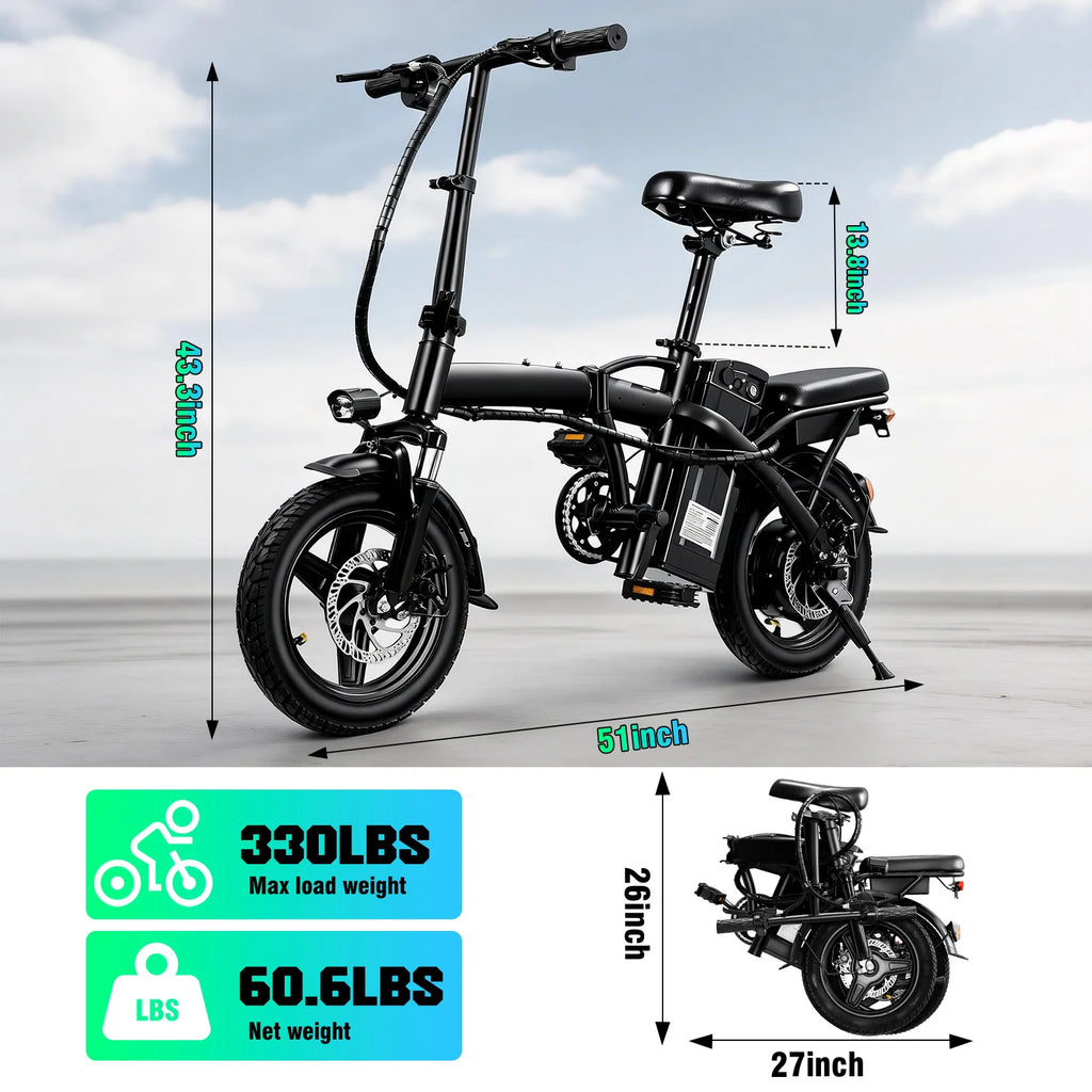14" Foldable Electric Bike for Adult, Peak 500W Motor with 48V 10Ah Removable Battery Range of 40 miles Women Electric Bicycle