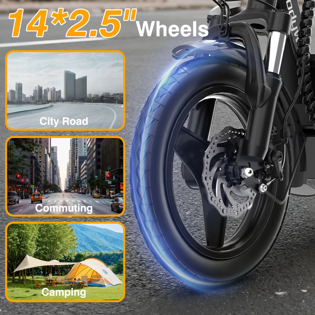 Folding Electric Bike for Adults Bodywel T3 14" E-Bike with Basket, 500W Motor 48V 10.4AH Battery, Foldable Ebike for Commuting