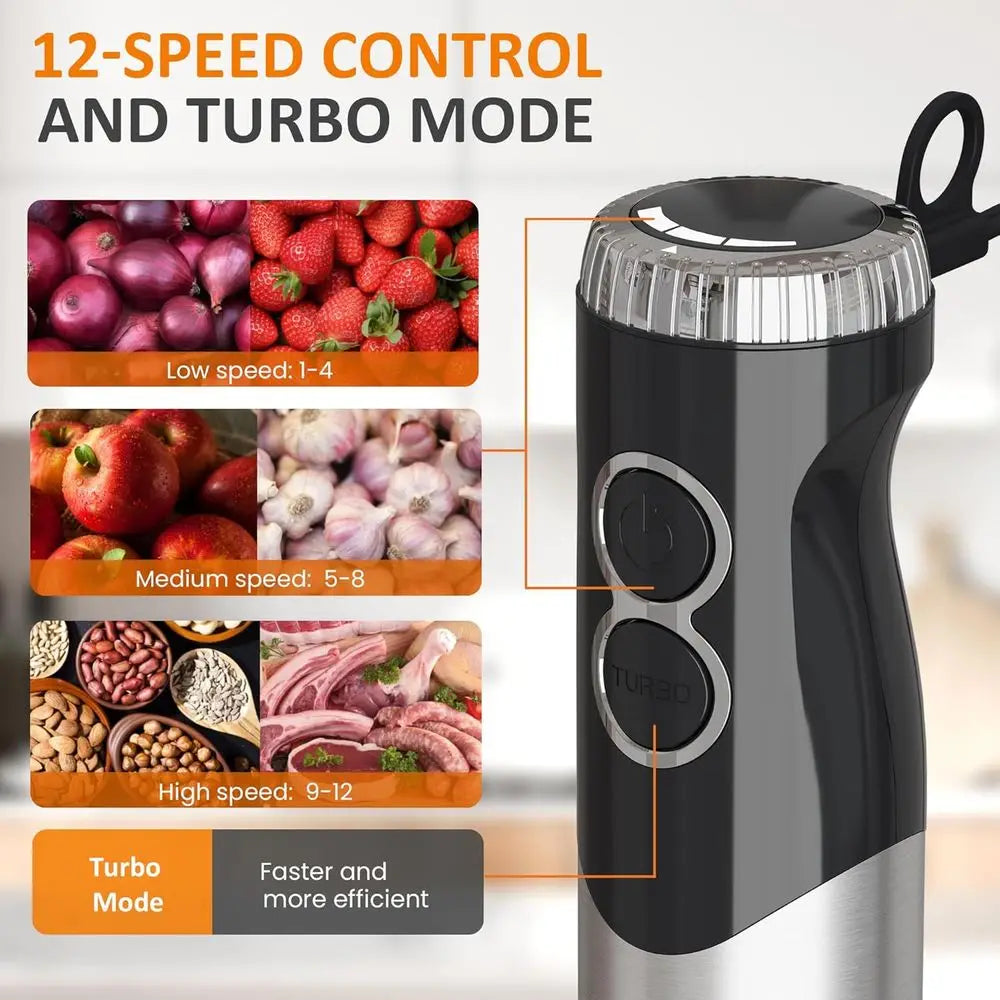 12-Speed Electric Stick Mixer with 10 Accessories, 600ML Chopper, Whisk, Milk Frother, Smoothie, Soup, Immersion Blender Set, Bl