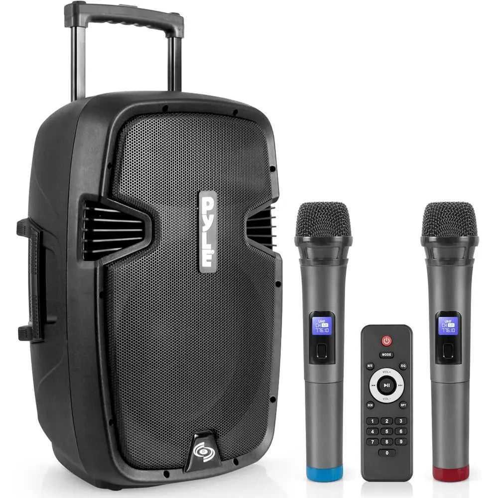 1000W Bluetooth PA Speaker System with 12 Subwoofer, USB/SD/MP3, Dual UHF Mics, Remote, Wheels - Perfect for Parties and Outdoor