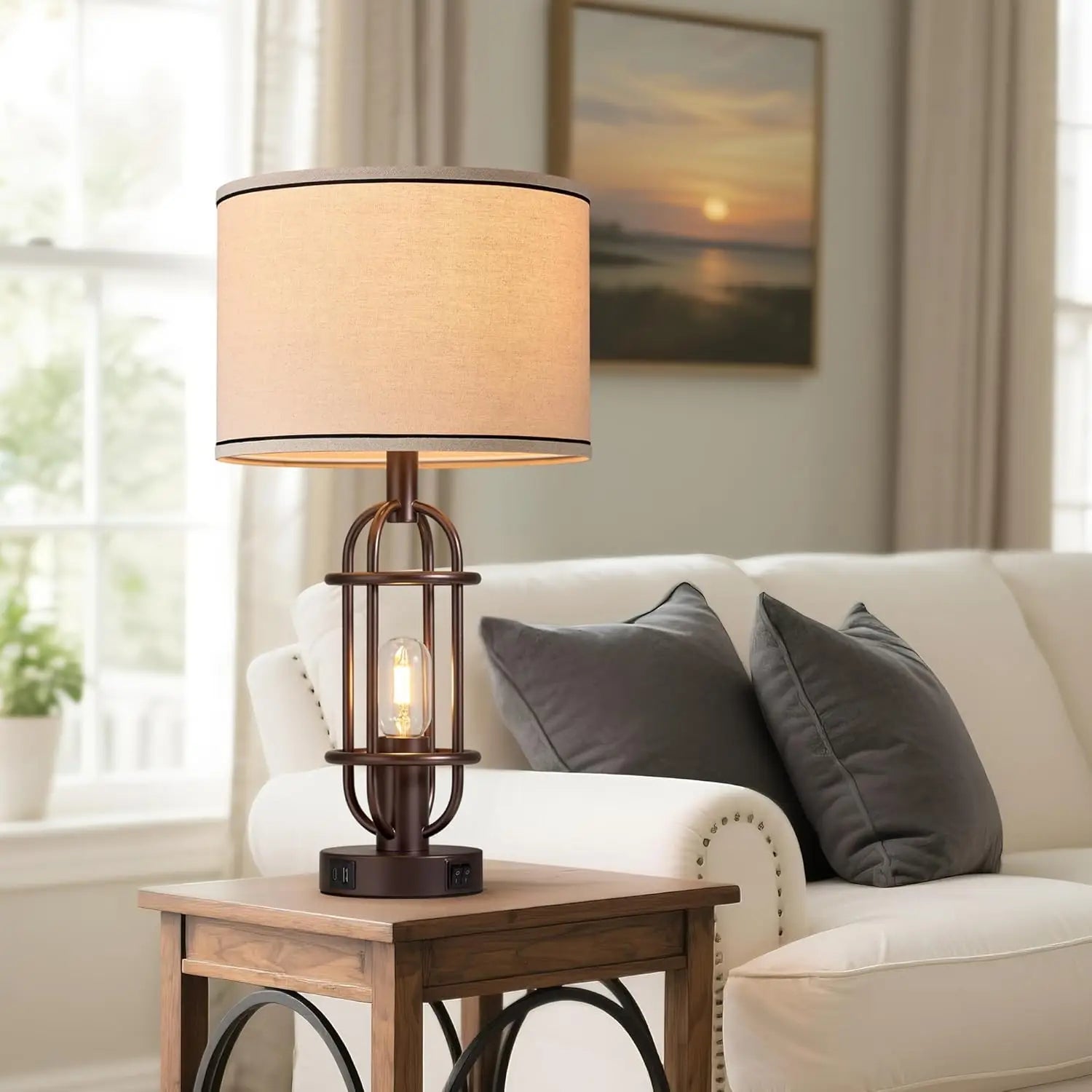 Set of 2 Farmhouse Table Lamps with USB Ports, Vintage Style for Living Room and Bedroom