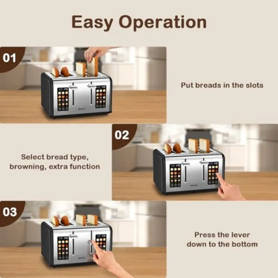 4-Slice Touch Screen Toaster with Dual Control Panel for Bagels Muffins Waffles Stainless Steel Matt Black Smart Toaster with T