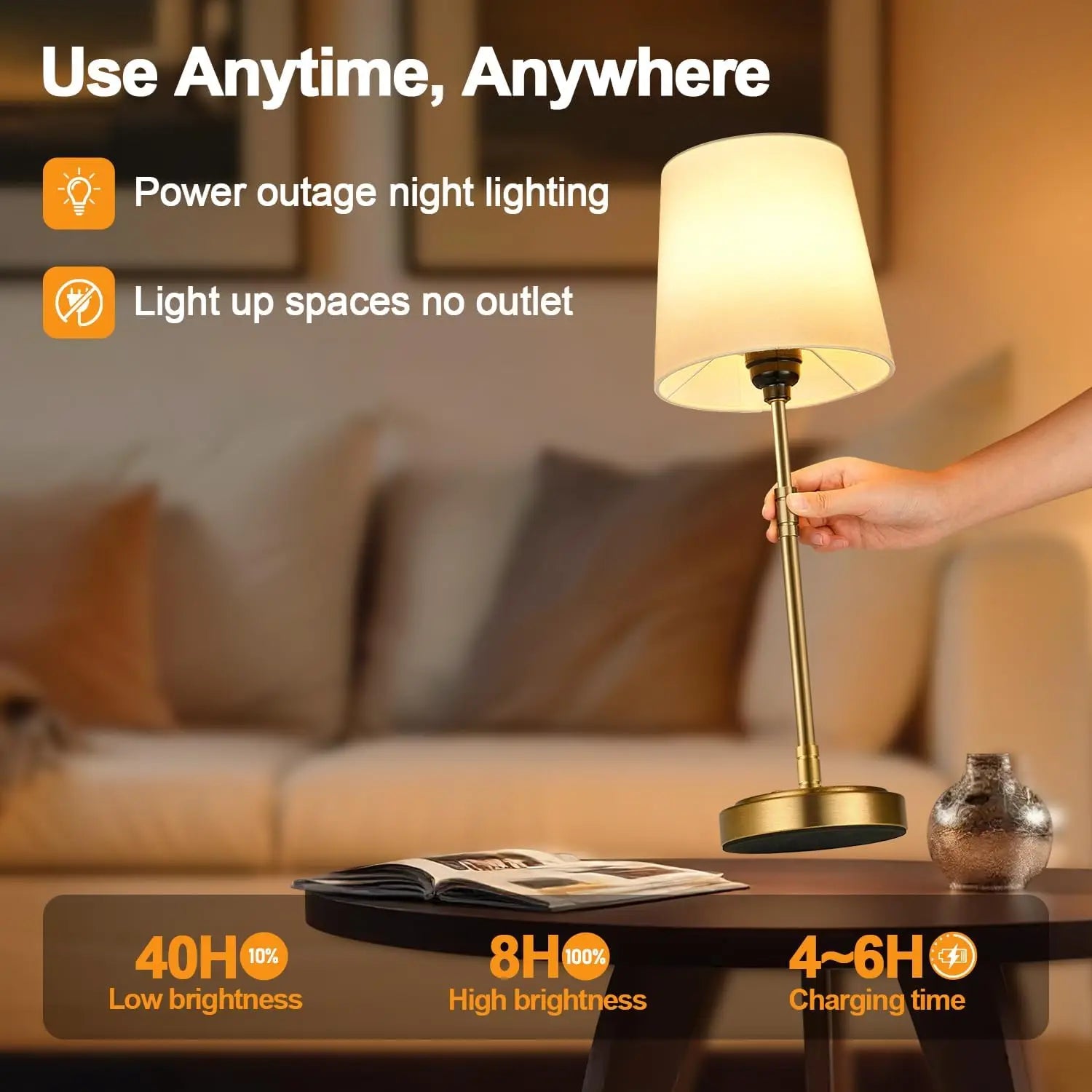 2-Pack Cordless Table Lamps with Rechargeable Battery, Dimmable Vintage Gold Design for Home Decor