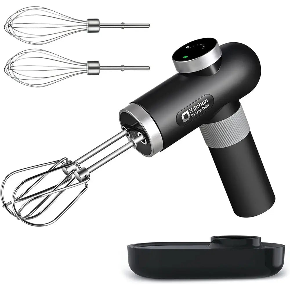 Rechargeable Hand Mixer, Portable Handheld Electric Mixer with Beaters, Whisks, 6-Speed Digital Display, Charging Base and USB-C