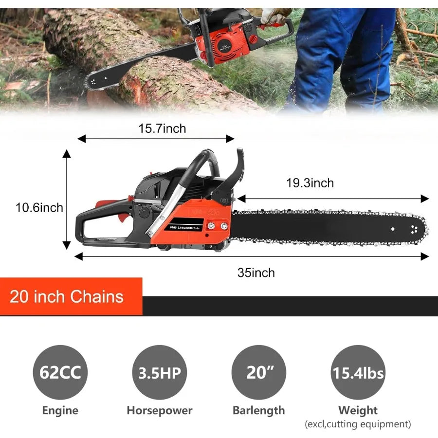 62CC Gas Chainsaw 20 Inch 2-Cycle Gas Powered Chain Saws 3.5 HP Power Chain Saw Cordless Gasoline Powered Chainsaw with 2 Chain